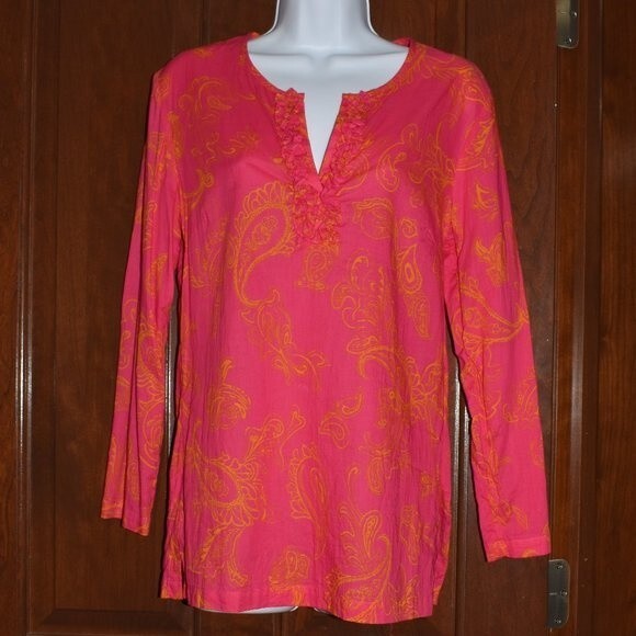 J McLaughlin Hot Pink Paisley Blouse Small V Neck Cotton Boho Tunic Top - Picture 4 of 15